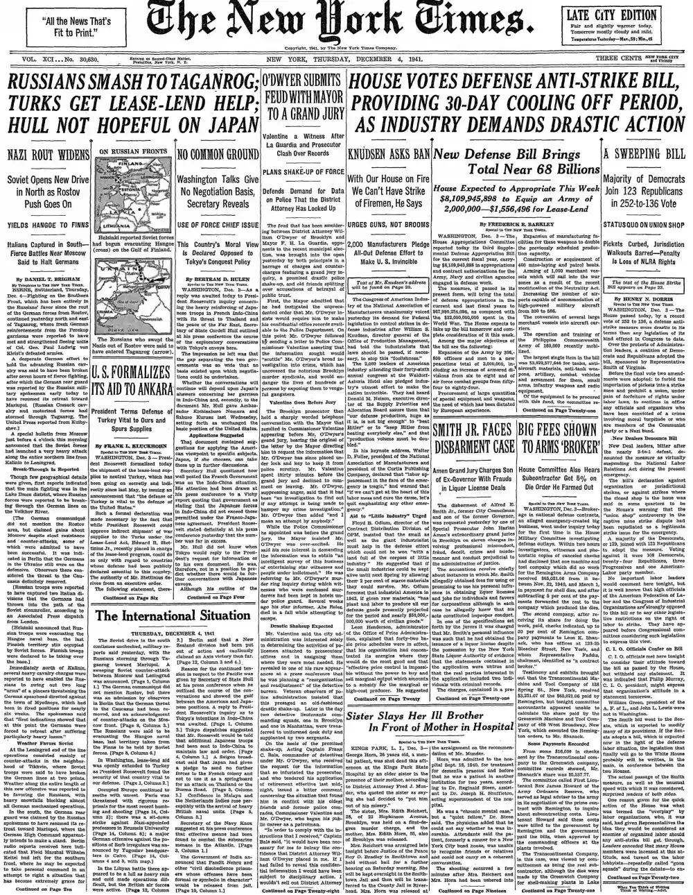 Thursday, December 4, 1941 – The New York Times Front Page