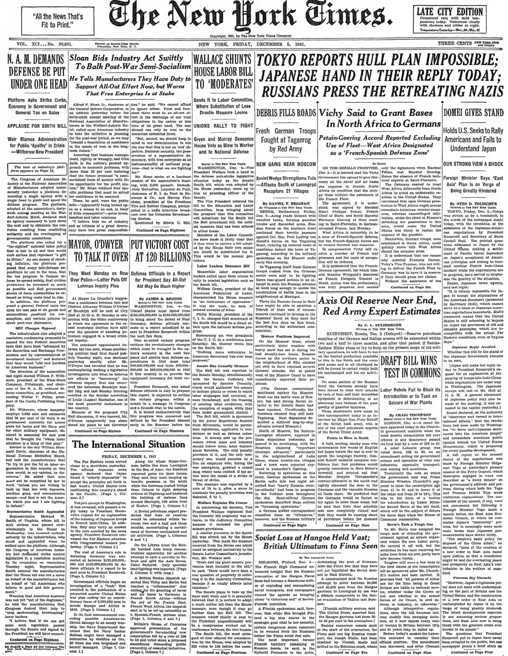 Friday, December 5, 1941 – The New York Times Front Page
