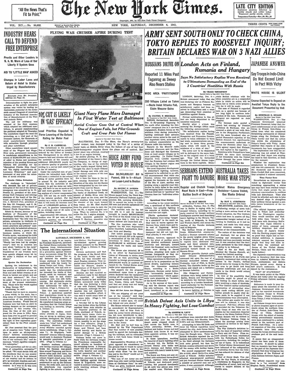 Saturday, December 6, 1941 – The New York Times Front Page