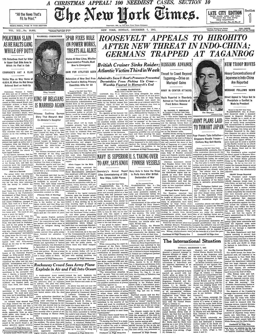 Sunday, December 7, 1941 – The New York Times Front Page