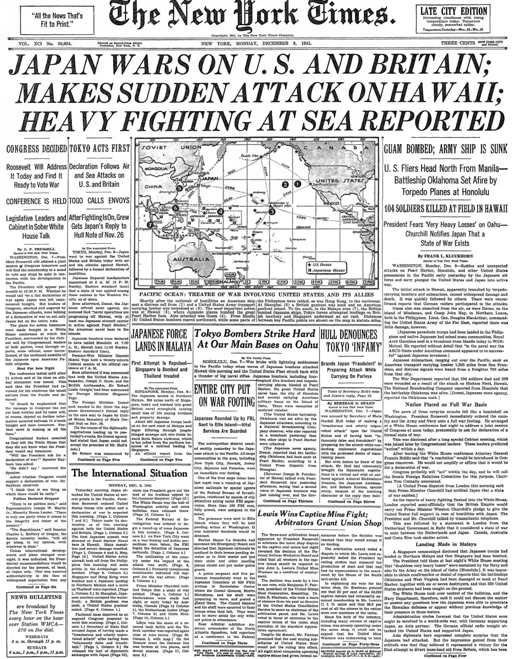 Monday, December 8, 1941 – The New York Times Front Page