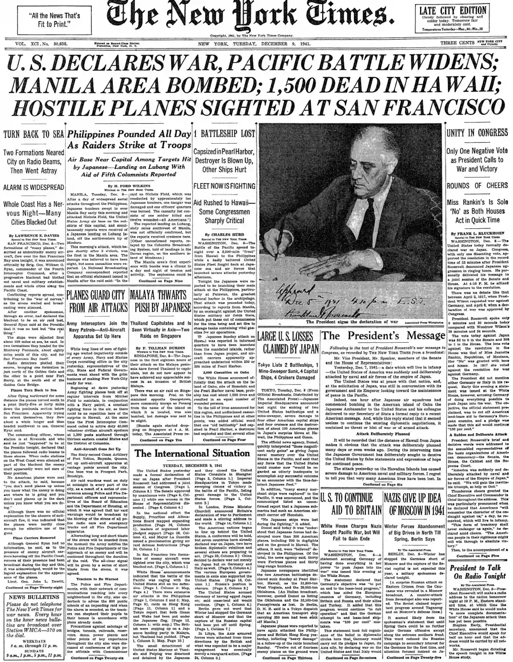 Tuesday, December 9, 1941 – The New York Times Front Page