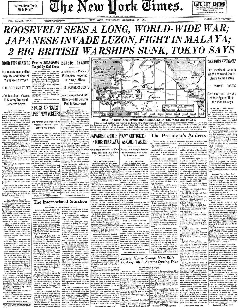 Wednesday, December 10, 1941 – The New York Times Front Page