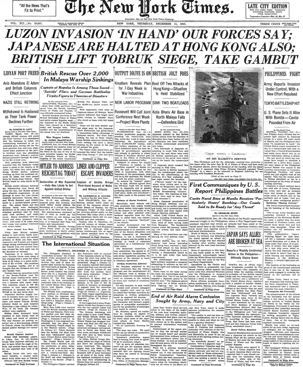 Thursday, December 11, 1941 – The New York Times Front Page