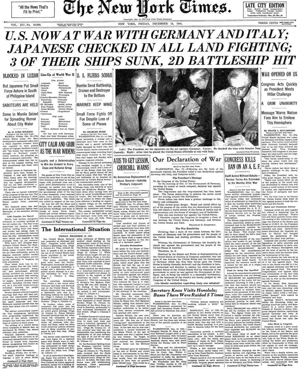 Friday, December 12, 1941 – The New York Times Front Page