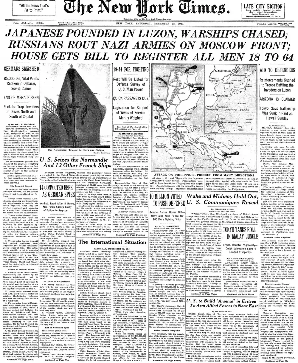 Saturday, December 13, 1941 – The New York Times Front Page