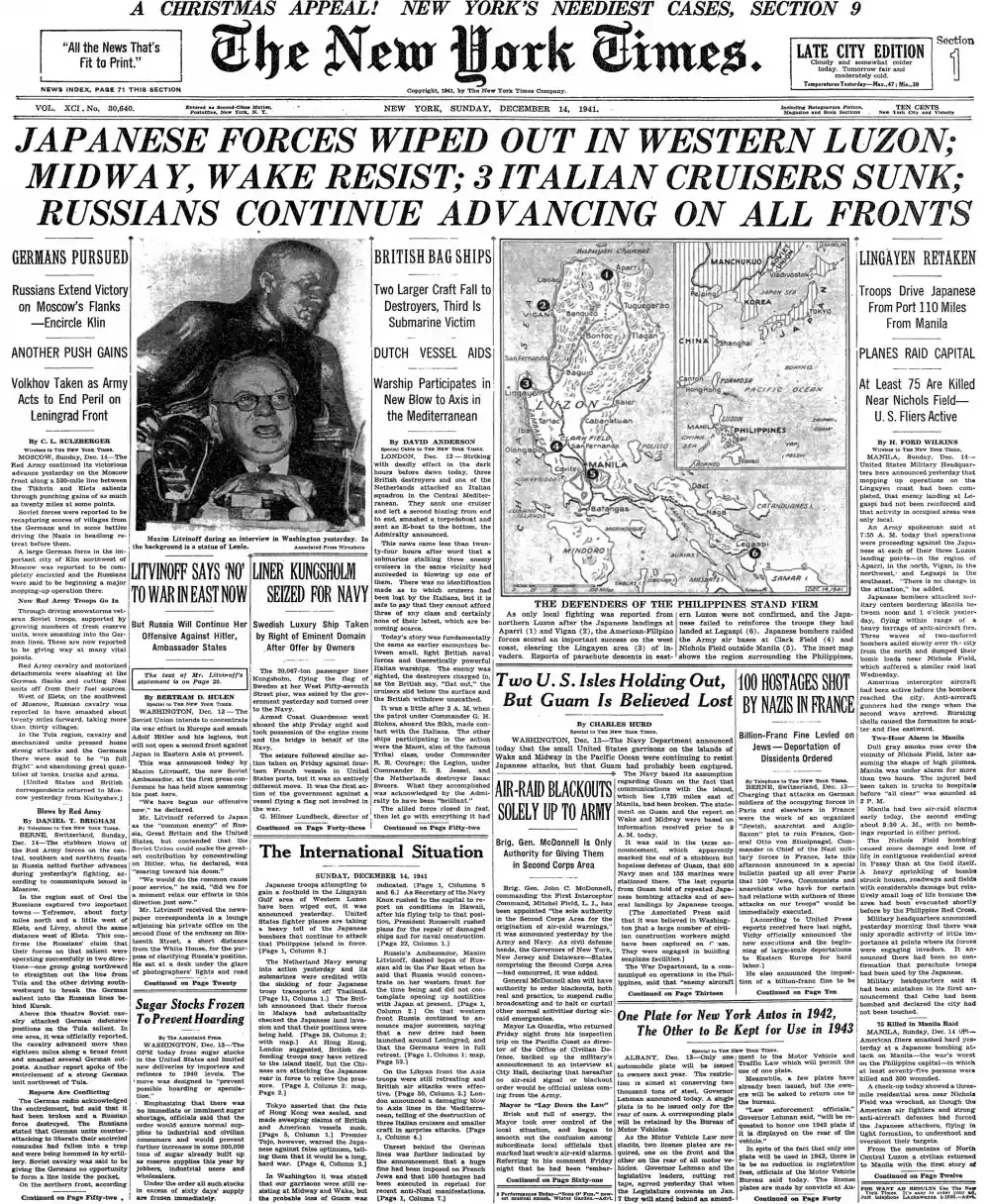 Sunday, December 14, 1941 – The New York Times Front Page