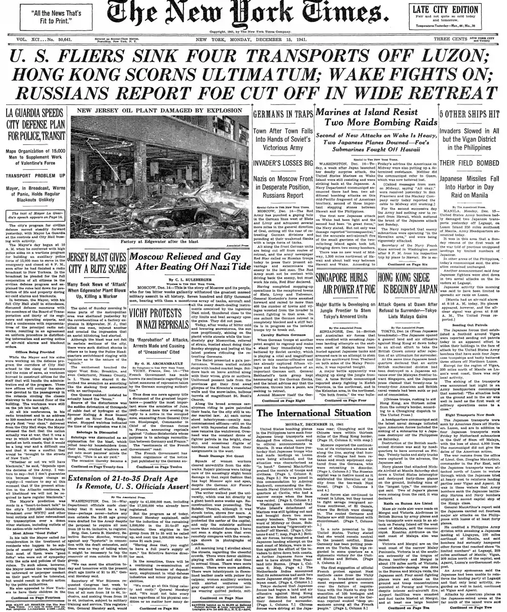 Monday, December 15, 1941 – The New York Times Front Page