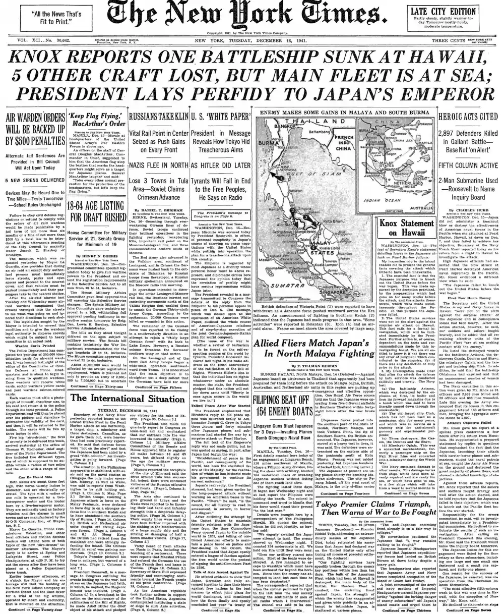 Tuesday, December 16, 1941 – The New York Times Front Page