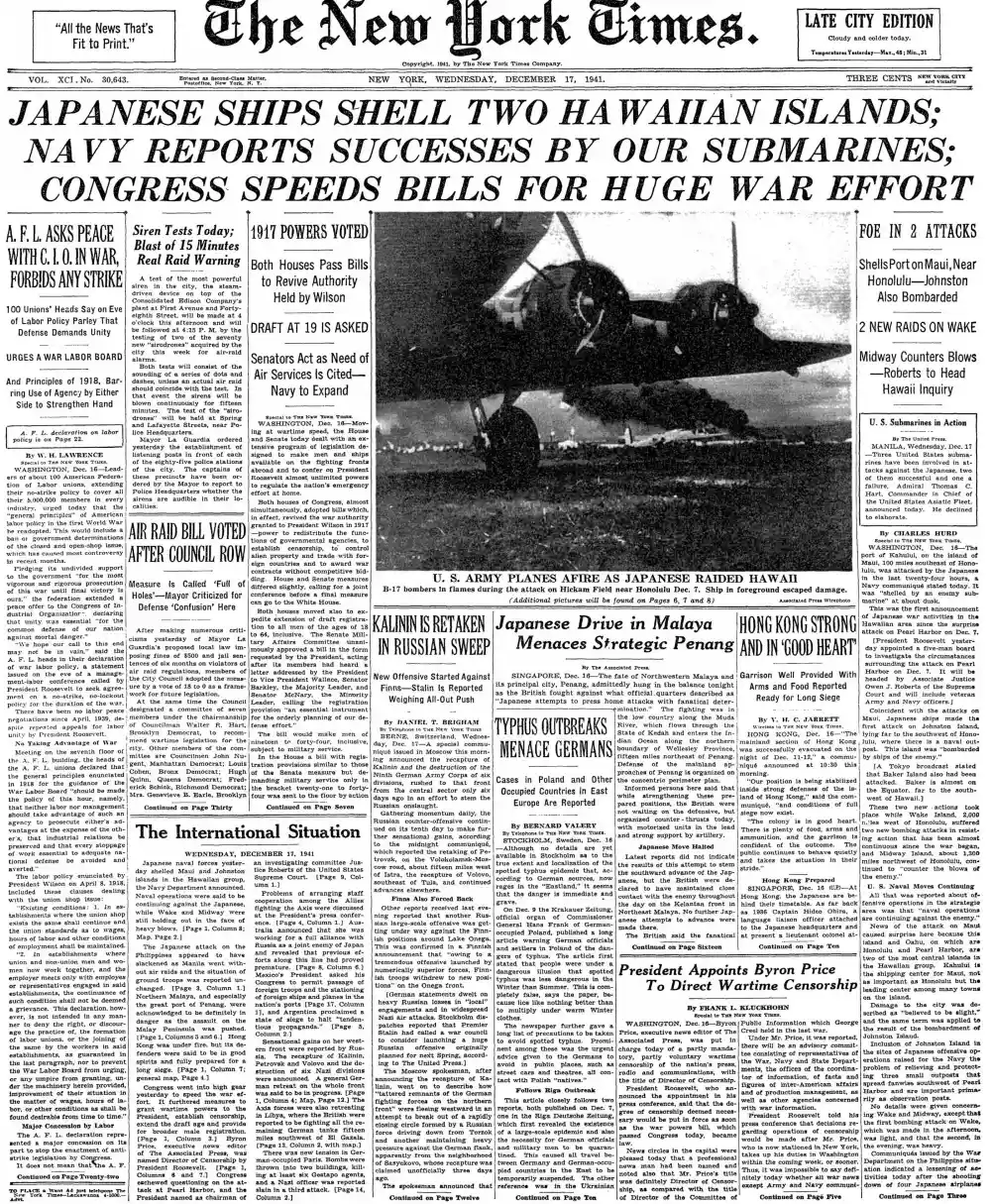 Wednesday, December 17, 1941 – The New York Times Front Page