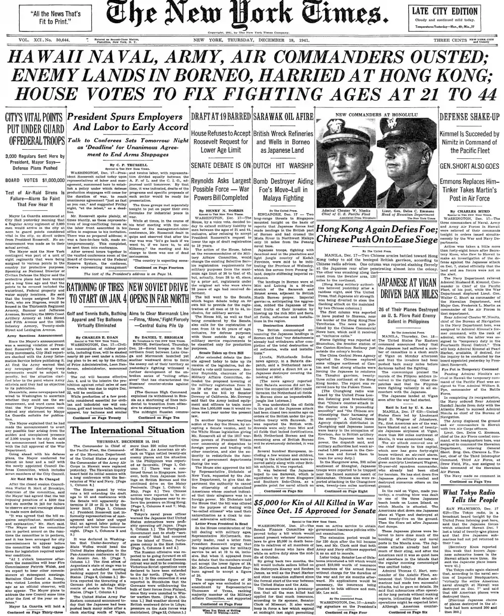 Thursday, December 18, 1941 – The New York Times Front Page