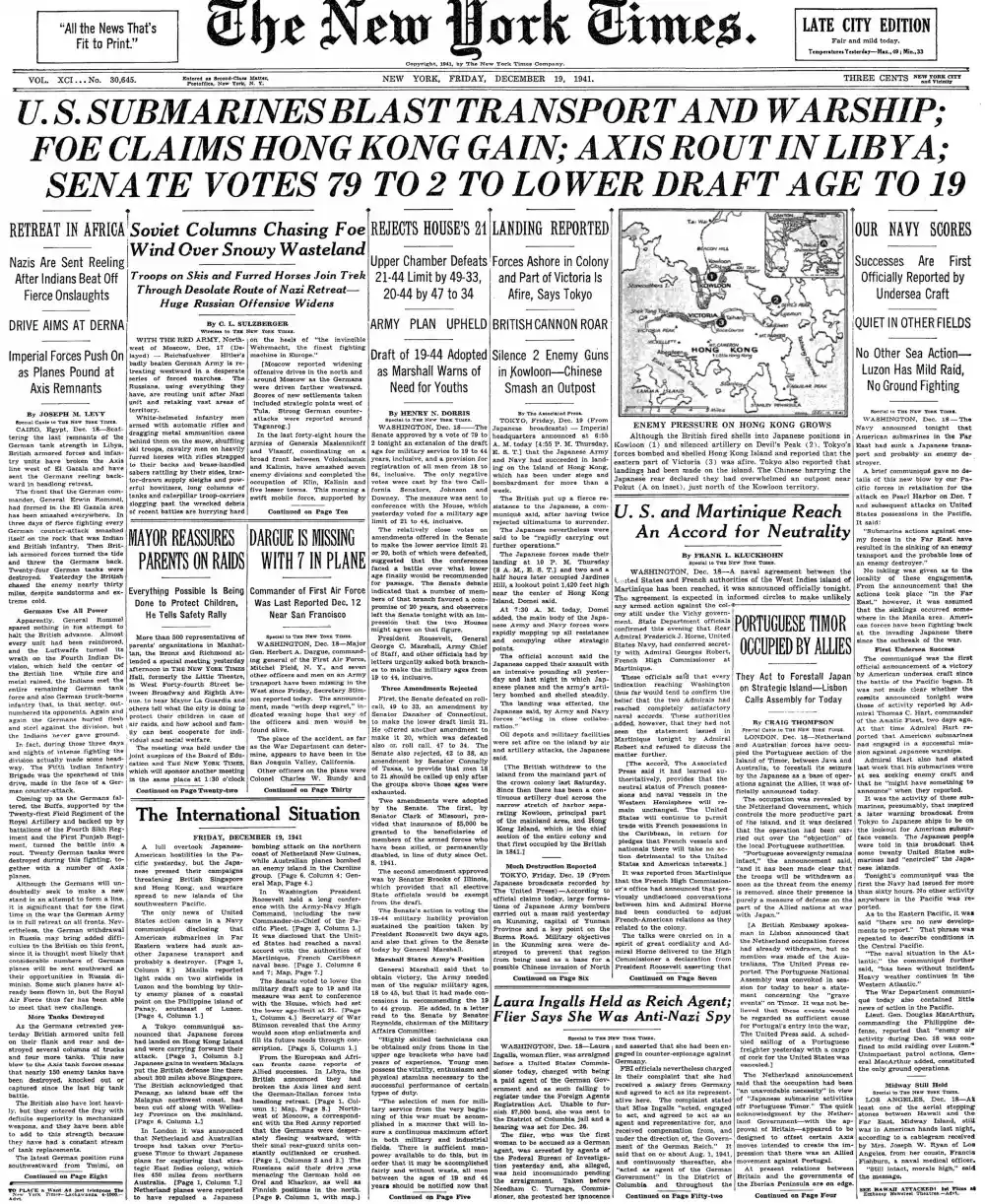 Friday, December 19, 1941 – The New York Times Front Page