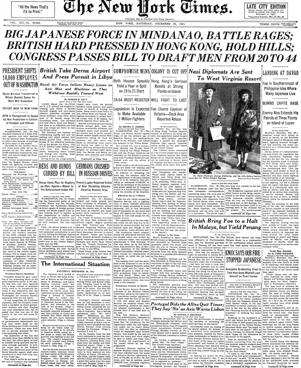Saturday, December 20, 1941 – The New York Times Front Page