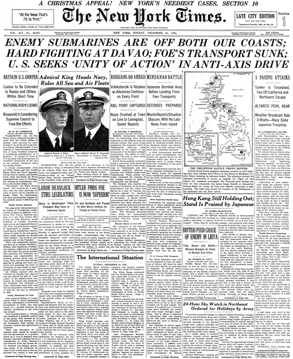 Sunday, December 21, 1941 – The New York Times Front Page