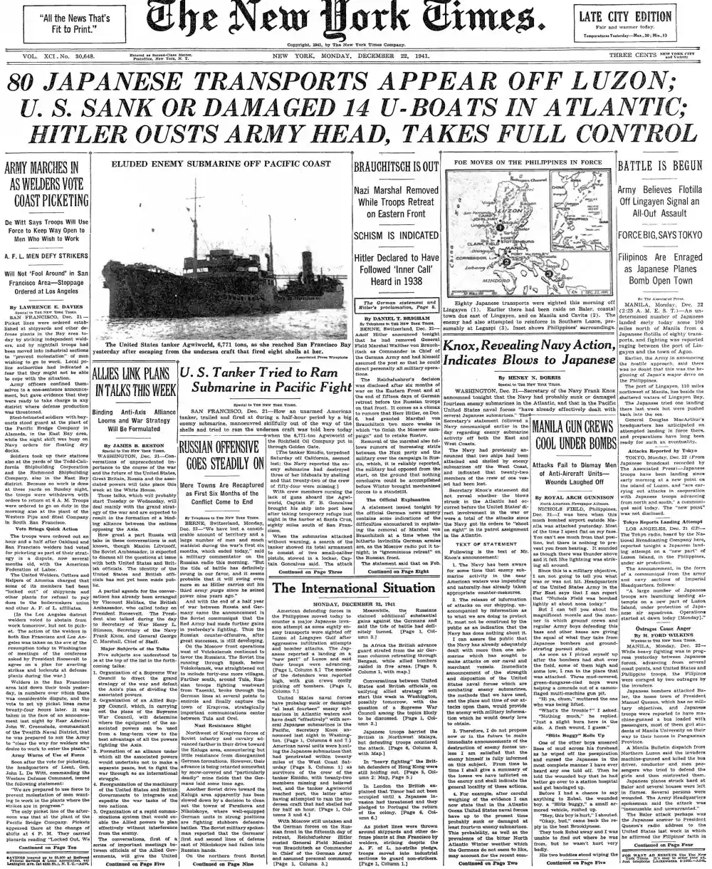 Monday, December 22, 1941 – The New York Times Front Page