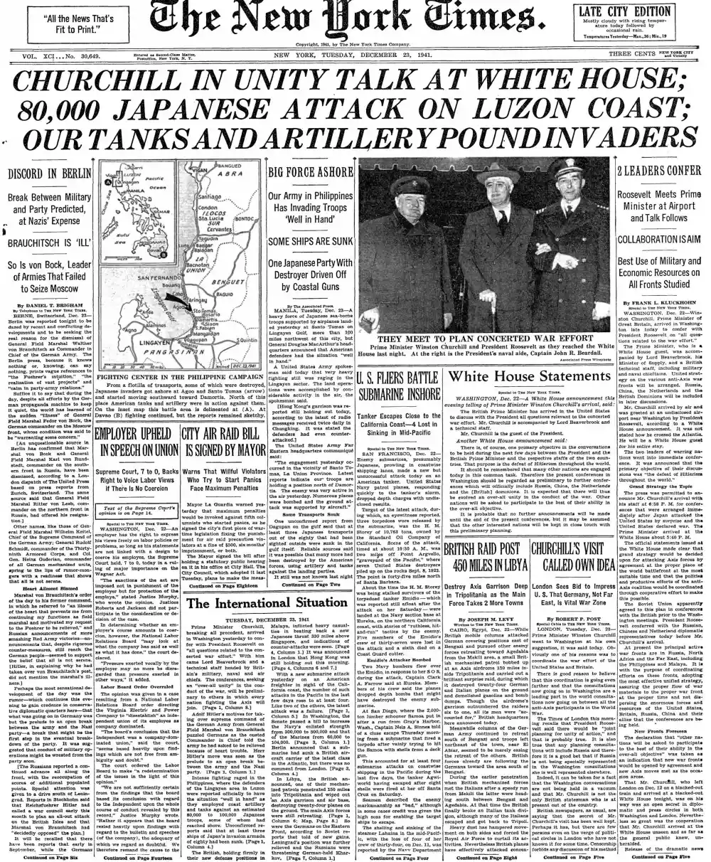 Tuesday, December 23, 1941 – The New York Times Front Page