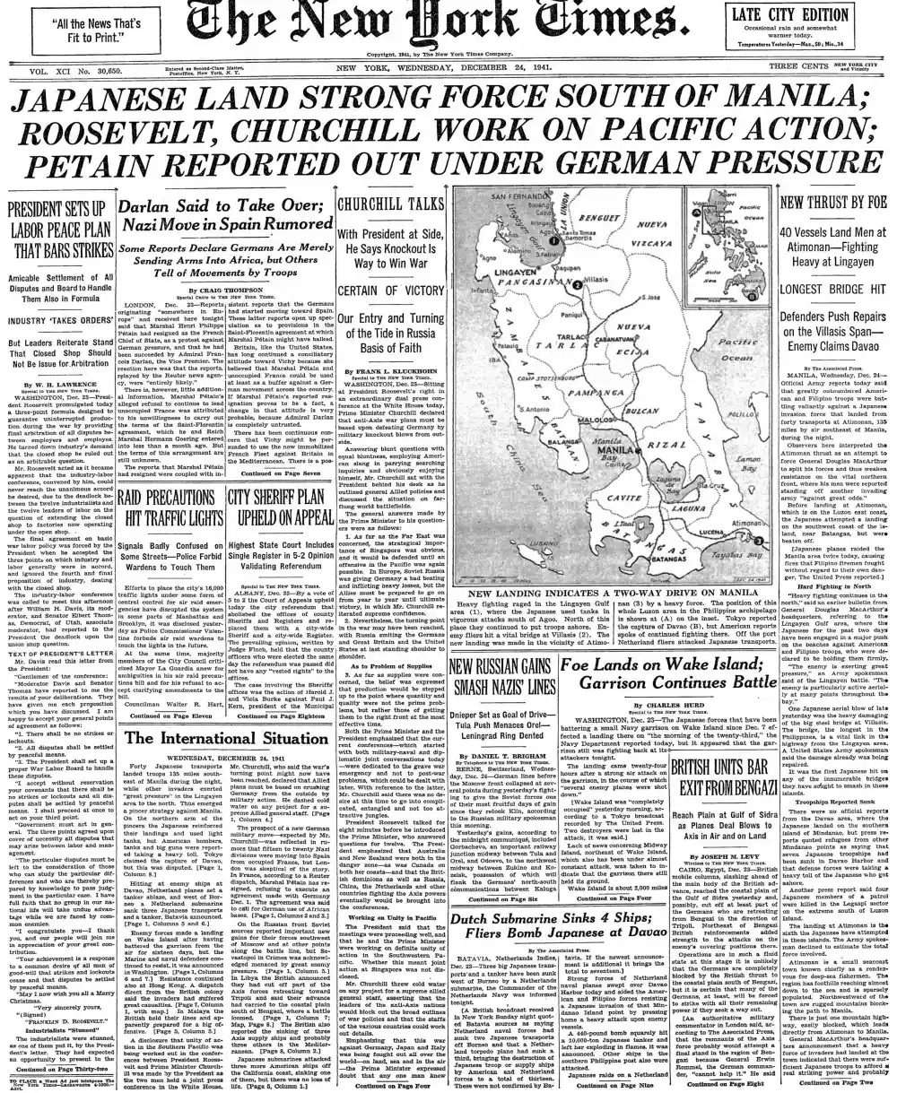 Wednesday, December 24, 1941 – The New York Times Front Page
