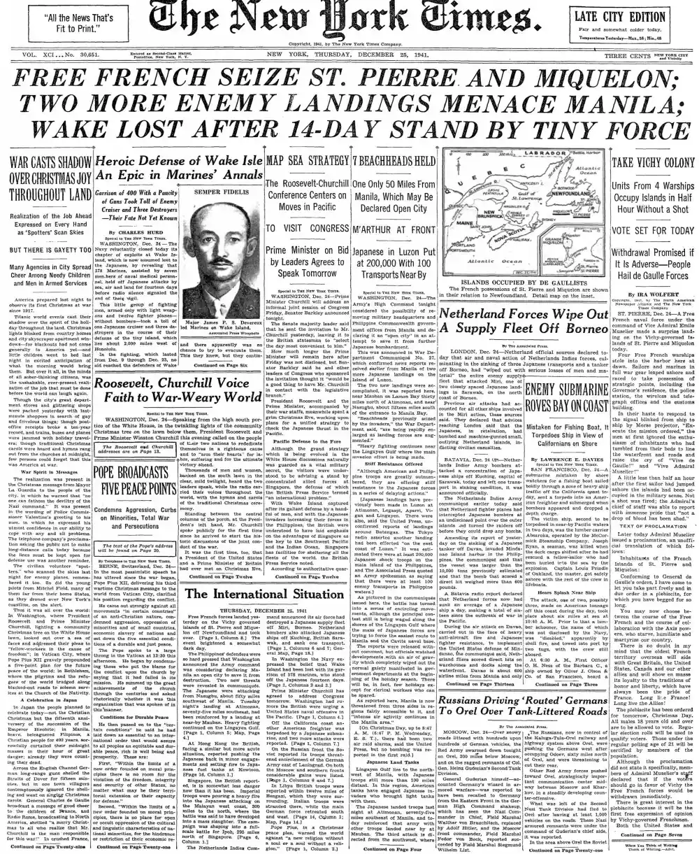 Thursday, December 25, 1941 – The New York Times Front Page