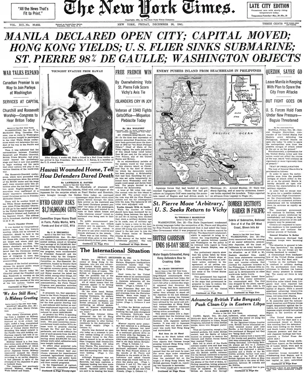 Friday, December 26, 1941 – The New York Times Front Page