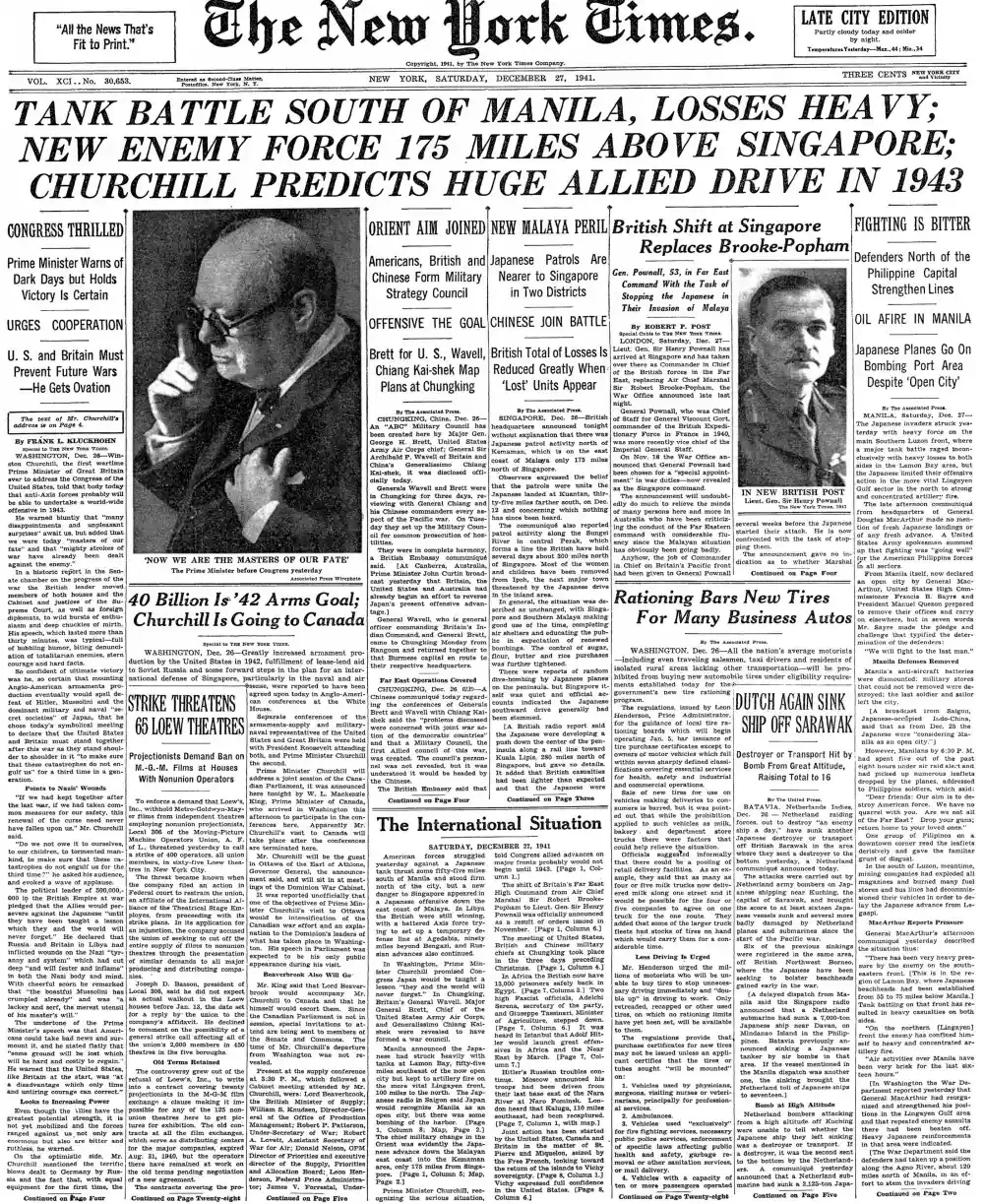 Saturday, December 27, 1941 – The New York Times Front Page