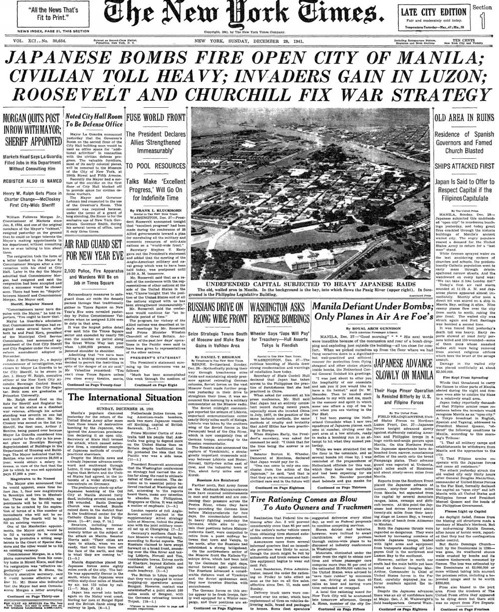 Sunday, December 28, 1941 – The New York Times Front Page