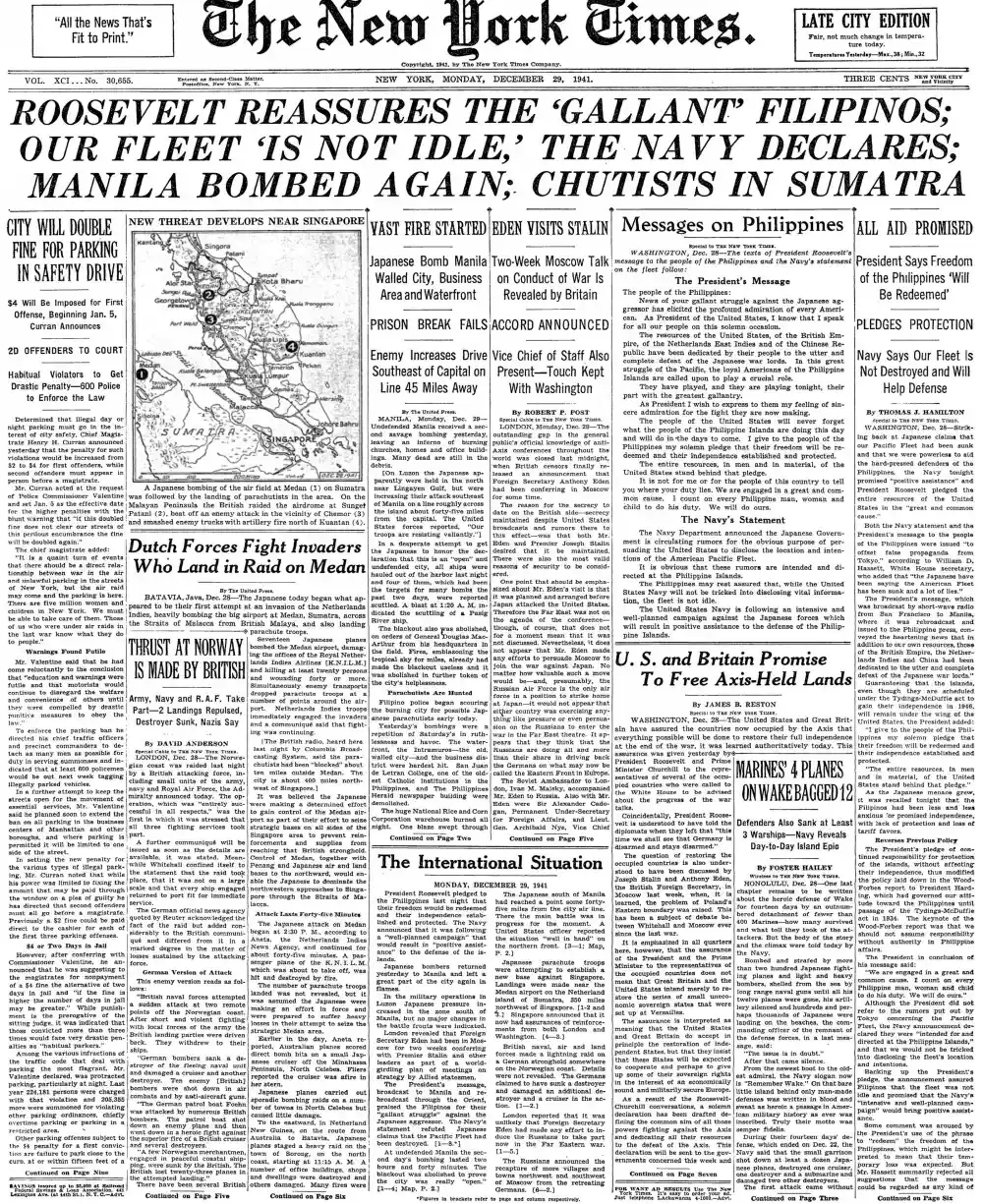 Monday, December 29, 1941 – The New York Times Front Page