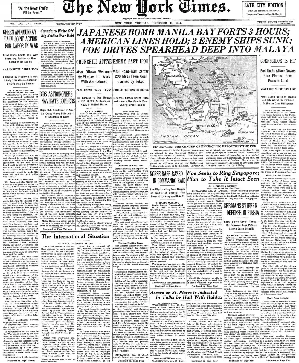 Tuesday, December 30, 1941 – The New York Times Front Page