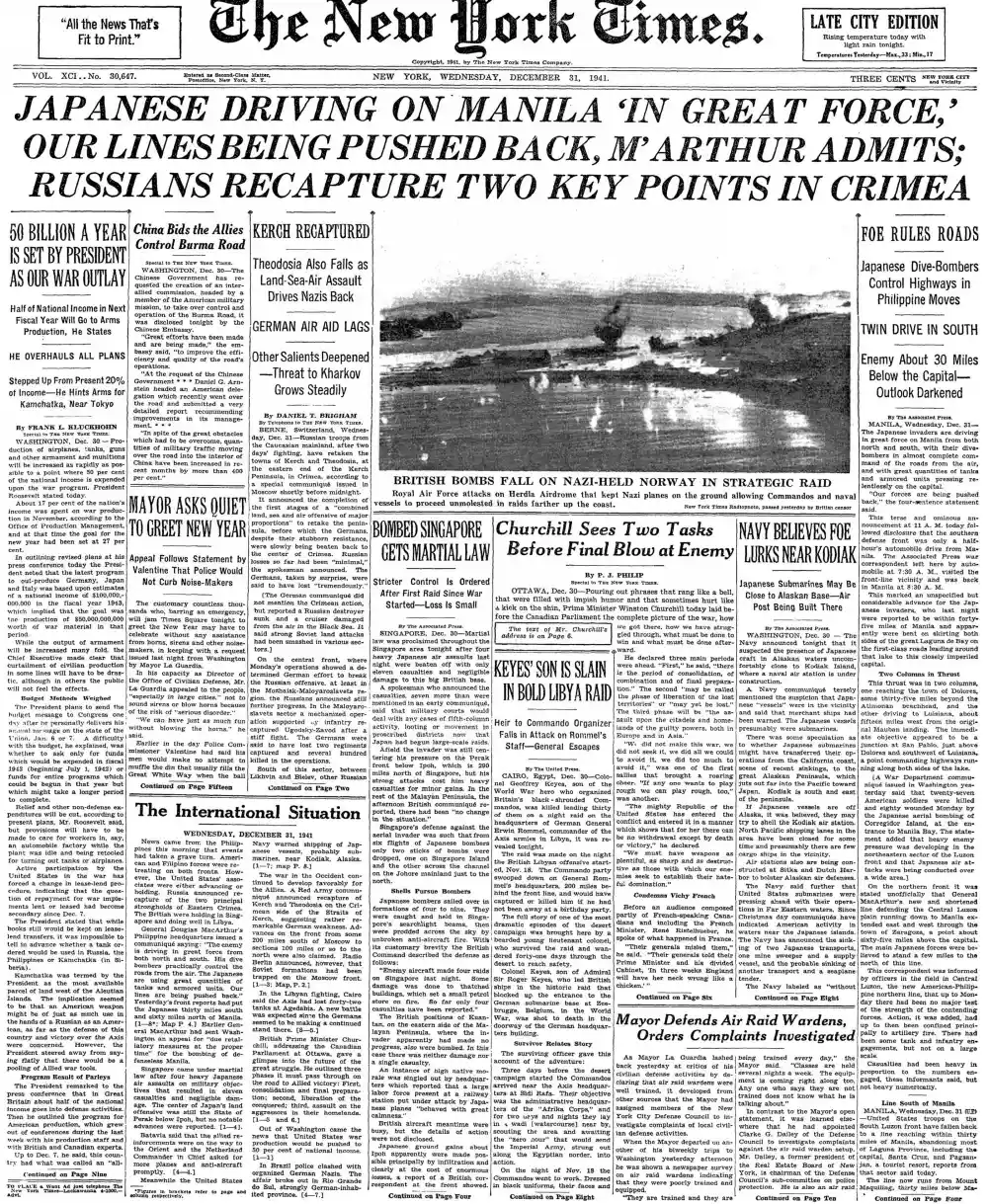 Wednesday, December 31, 1941 – The New York Times Front Page