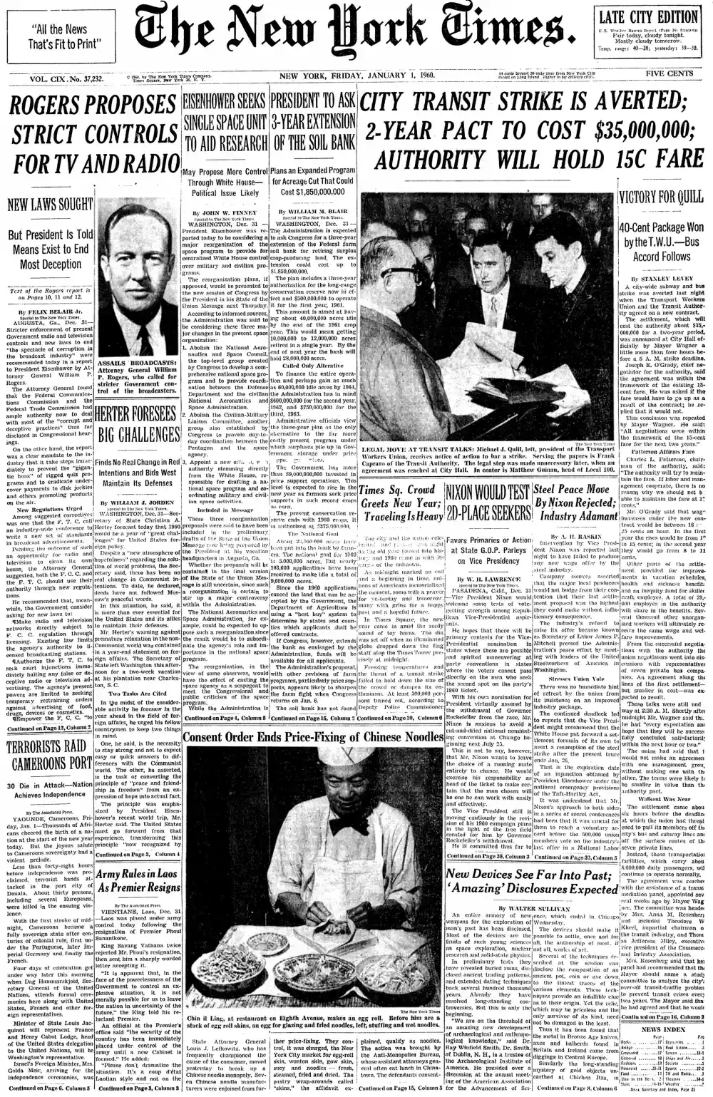 Friday, January 1, 1960 – The New York Times Front Page