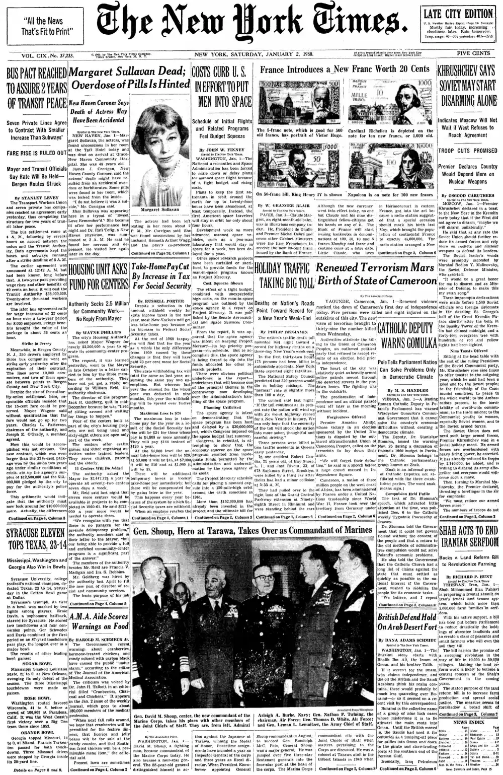 Saturday, January 2, 1960 – The New York Times Front Page
