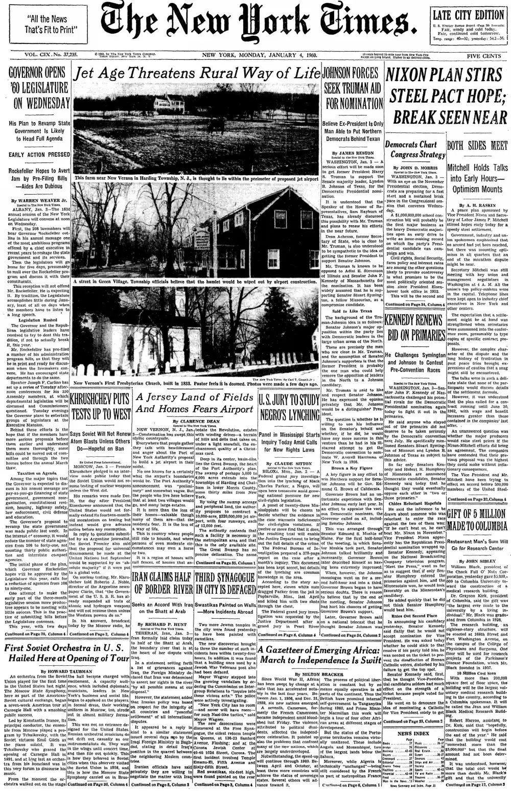 Monday, January 4, 1960 – The New York Times Front Page