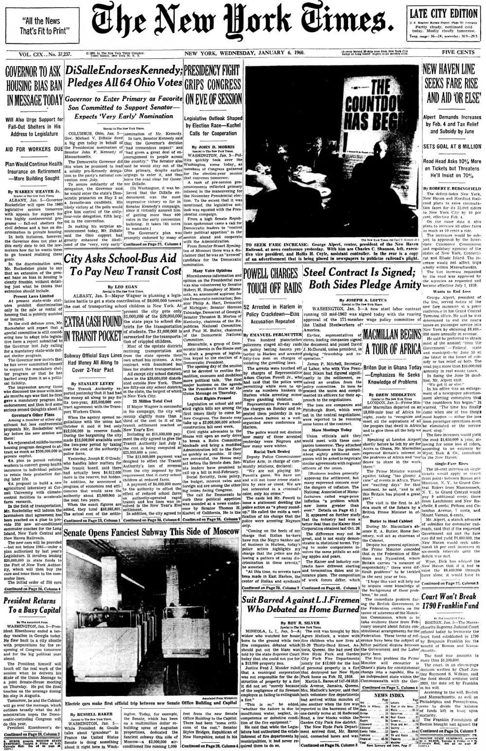 Wednesday, January 6, 1960 – The New York Times Front Page
