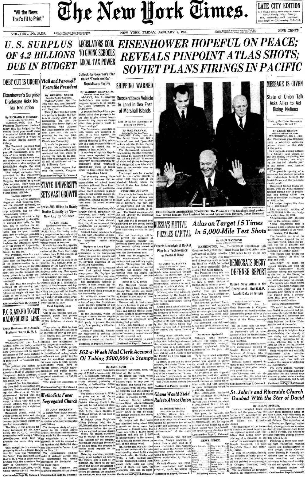 Friday, January 8, 1960 – The New York Times Front Page