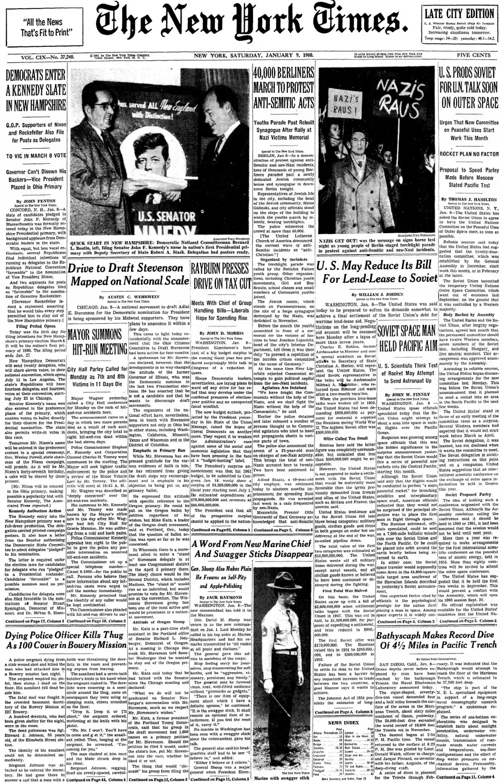 Saturday, January 9, 1960 – The New York Times Front Page