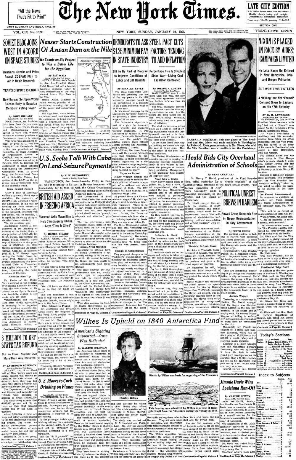 Sunday, January 10, 1960 – The New York Times Front Page