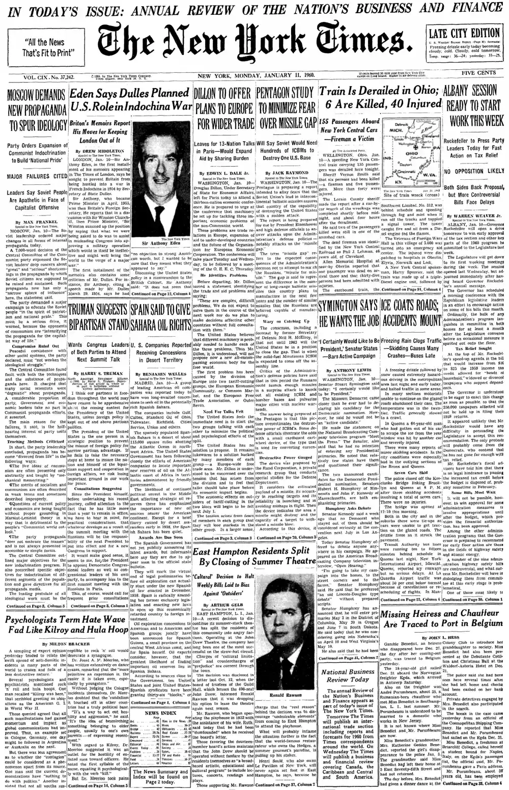 Monday, January 11, 1960 – The New York Times Front Page