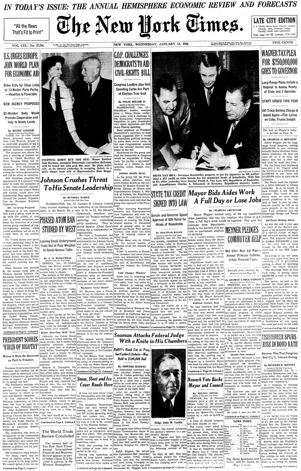 Wednesday, January 13, 1960 – The New York Times Front Page
