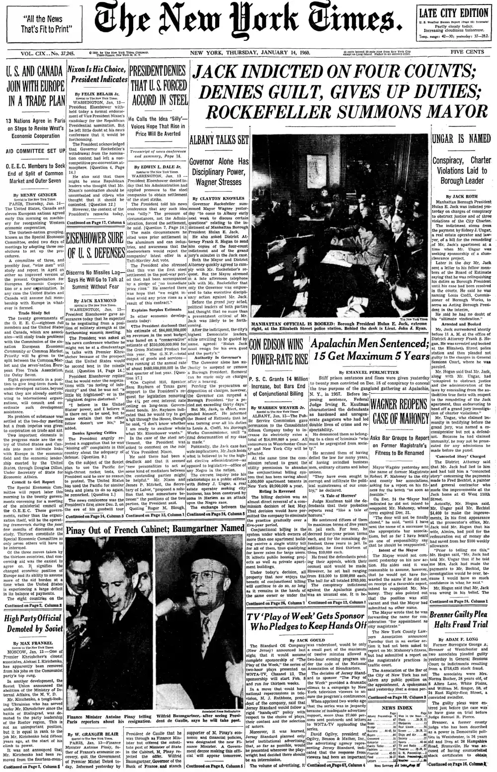 Thursday, January 14, 1960 – The New York Times Front Page