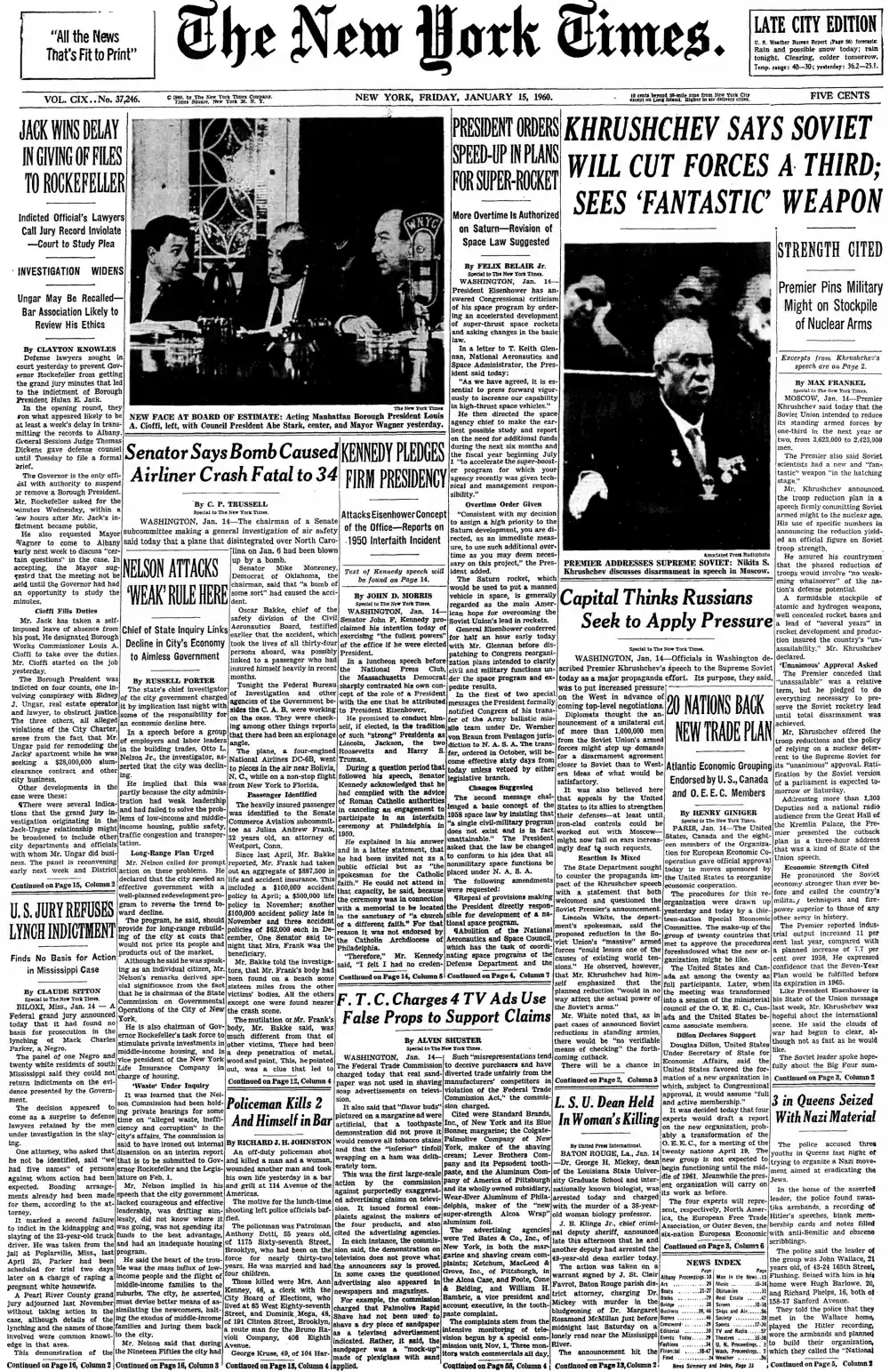 Friday, January 15, 1960 – The New York Times Front Page