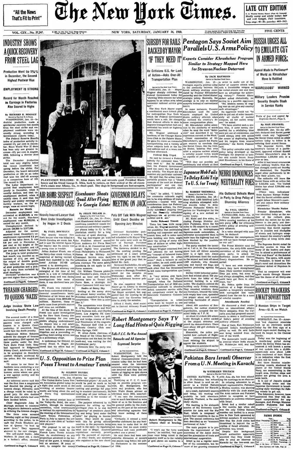 Saturday, January 16, 1960 – The New York Times Front Page