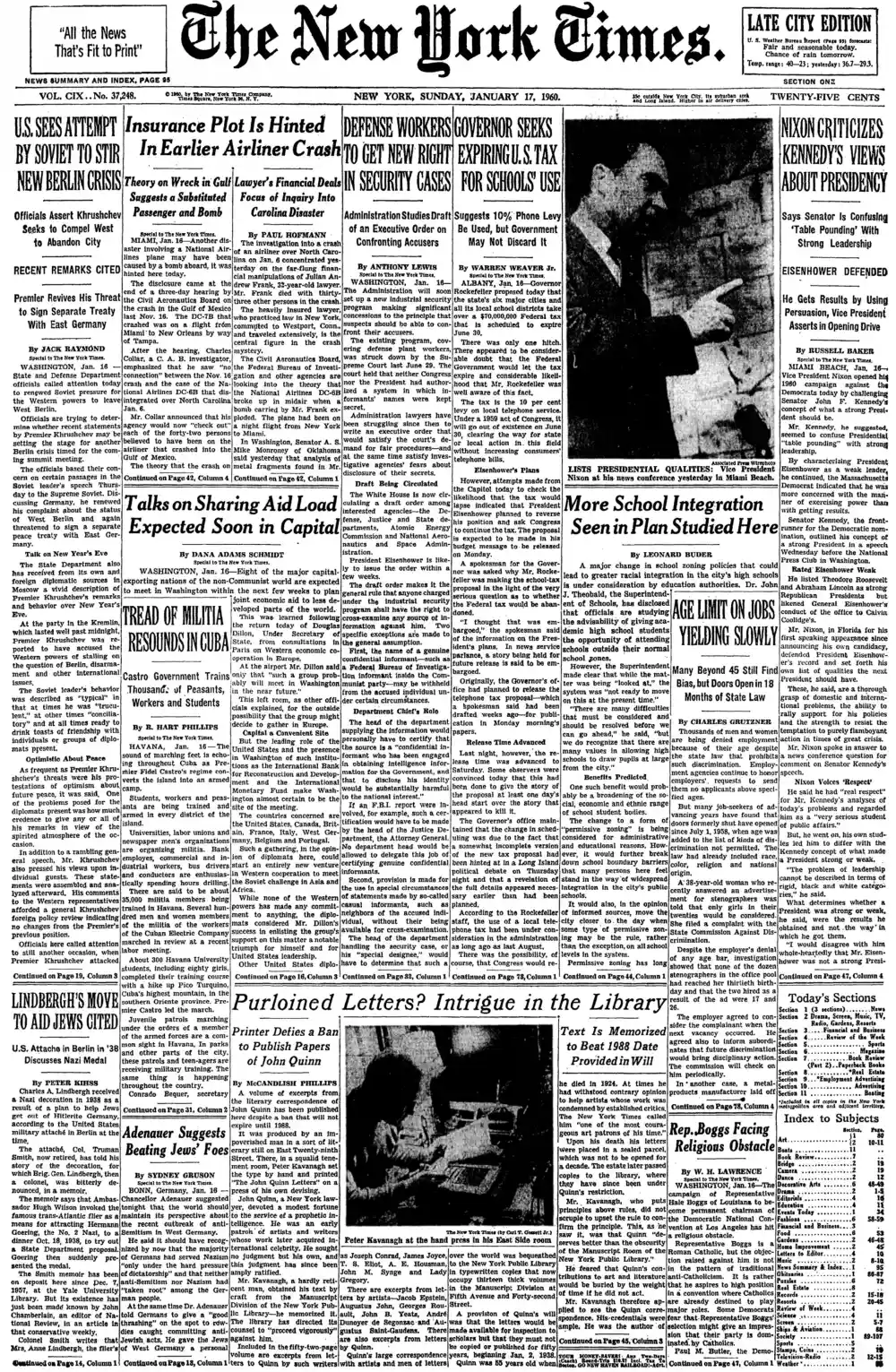 Sunday, January 17, 1960 – The New York Times Front Page
