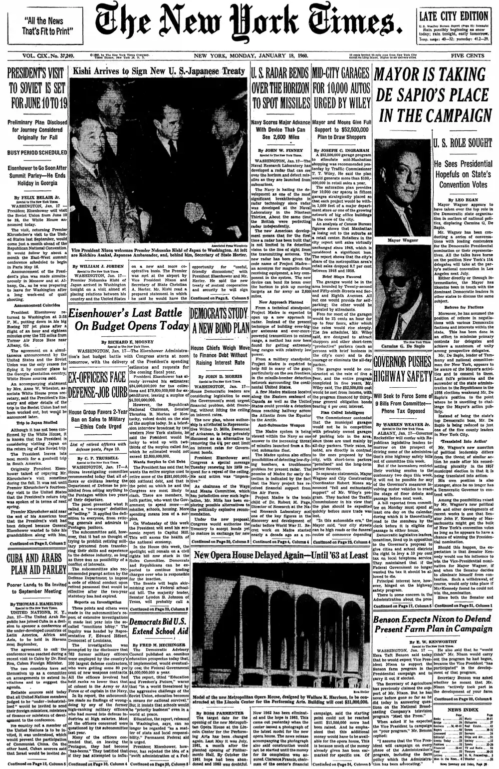 Monday, January 18, 1960 – The New York Times Front Page