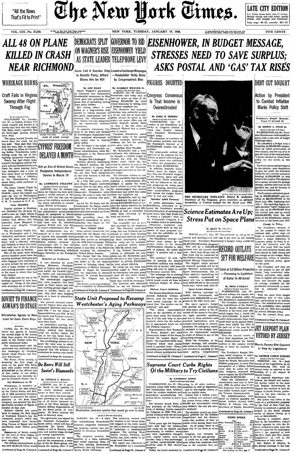 Tuesday, January 19, 1960 – The New York Times Front Page