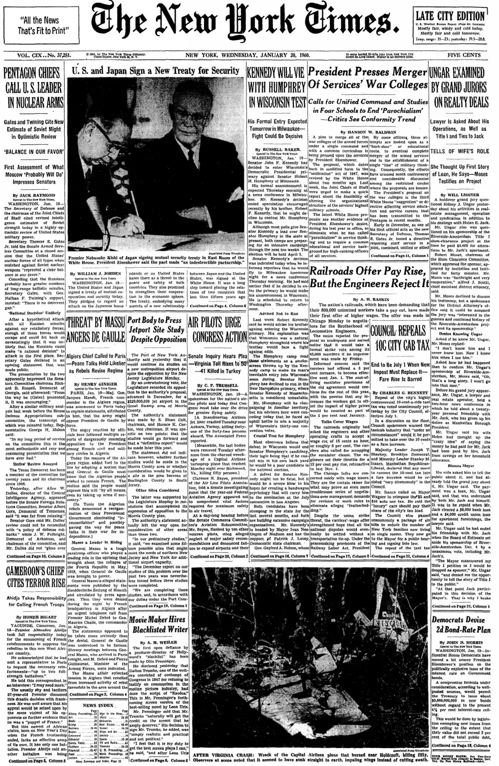 Wednesday, January 20, 1960 – The New York Times Front Page