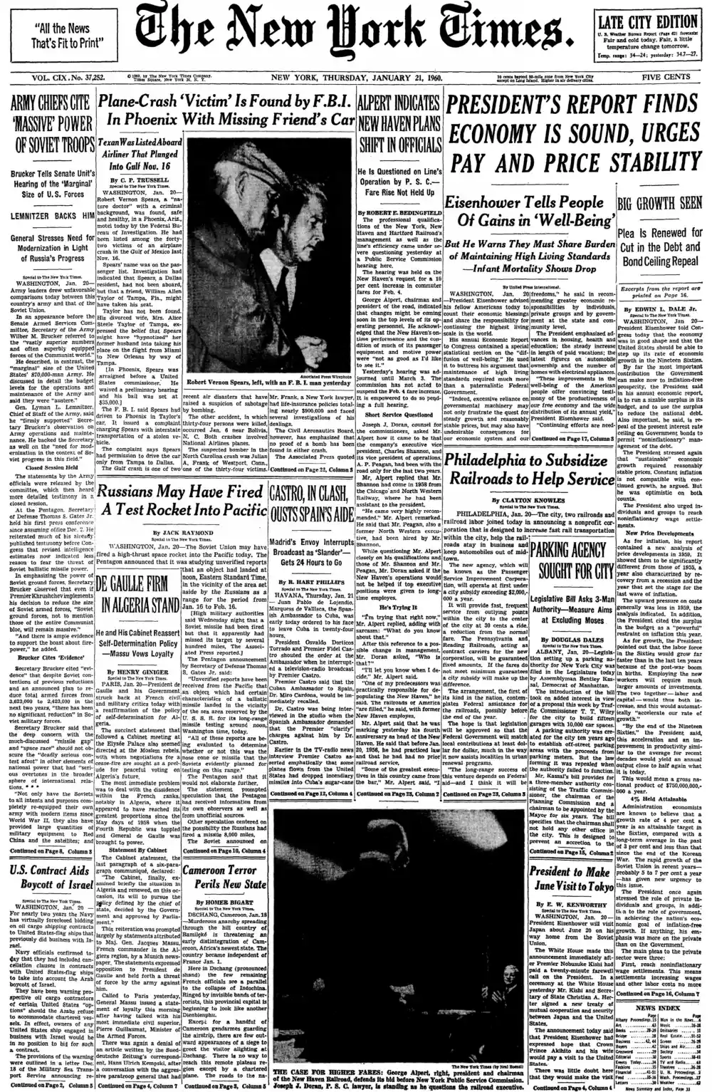 Thursday, January 21, 1960 – The New York Times Front Page