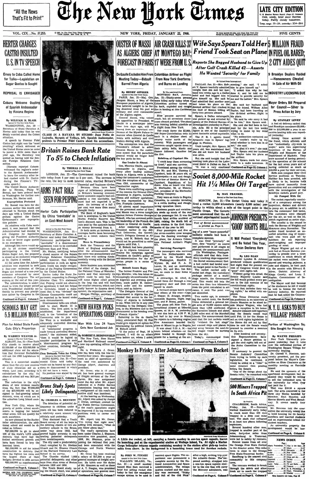 Friday, January 22, 1960 – The New York Times Front Page
