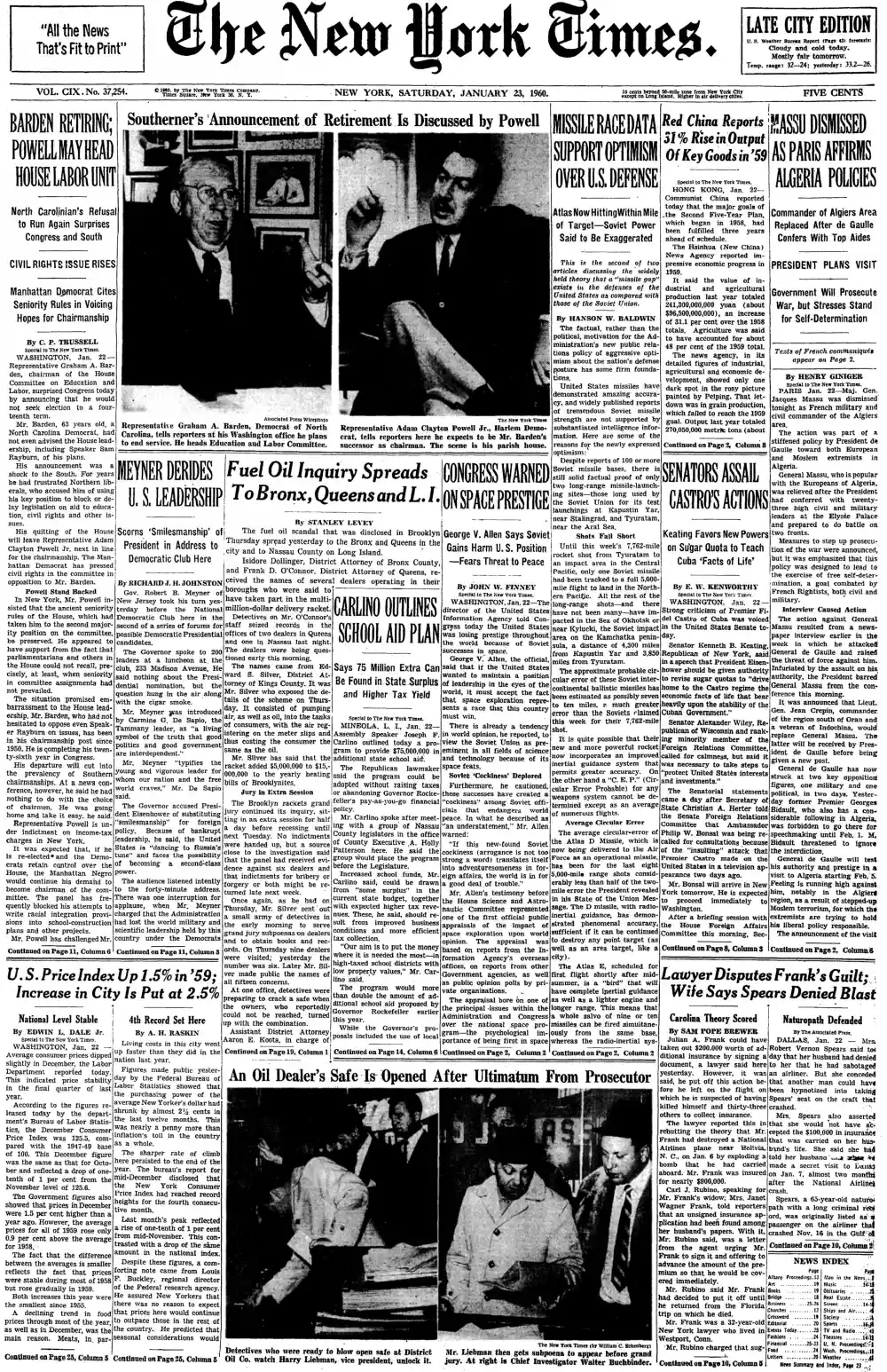 Saturday, January 23, 1960 – The New York Times Front Page