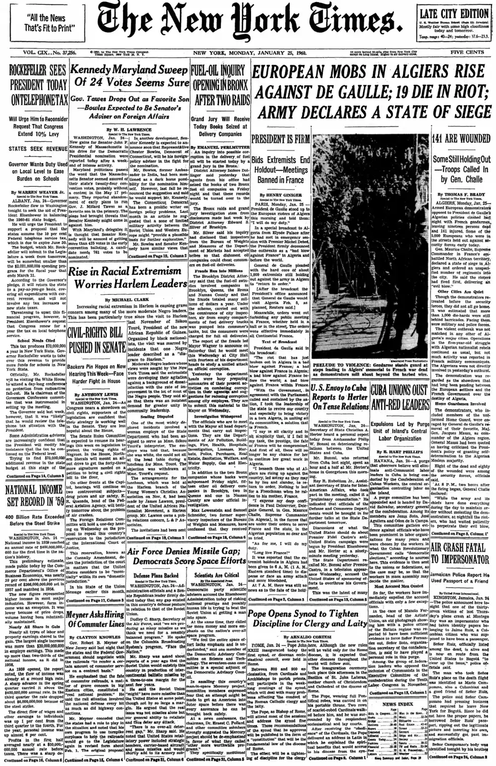 Monday, January 25, 1960 – The New York Times Front Page