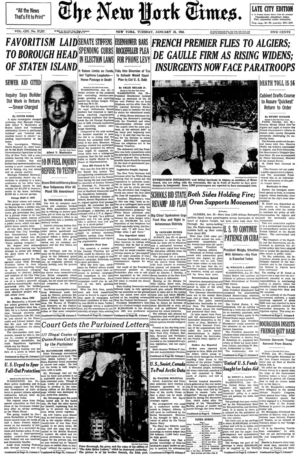 Tuesday, January 26, 1960 – The New York Times Front Page