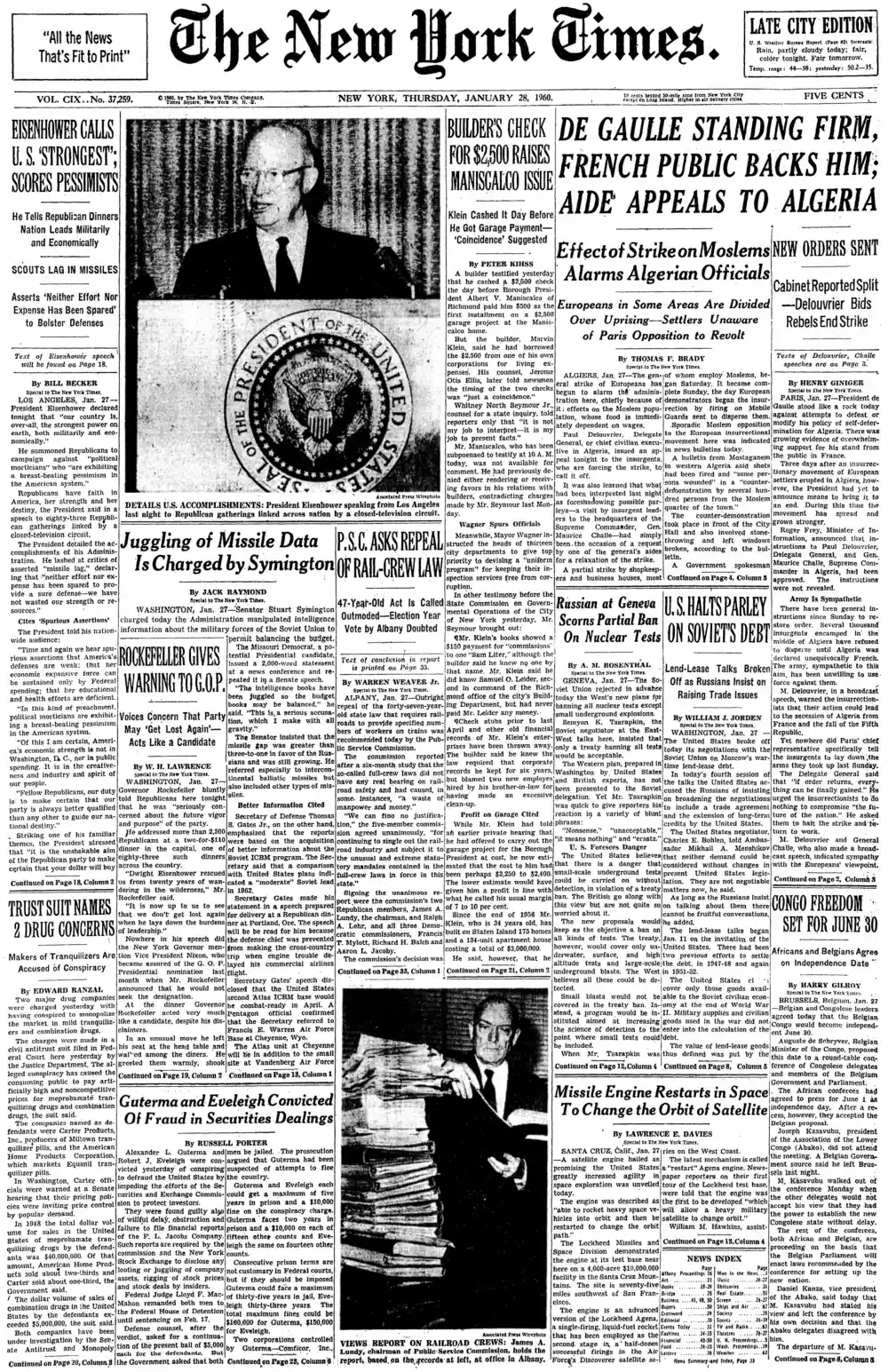 Thursday, January 28, 1960 – The New York Times Front Page